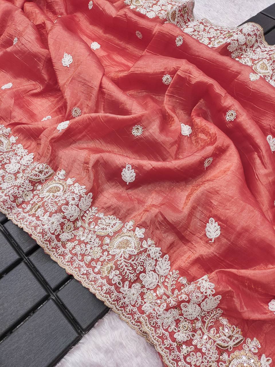 Beautiful Gold Crush Peach Color Saree