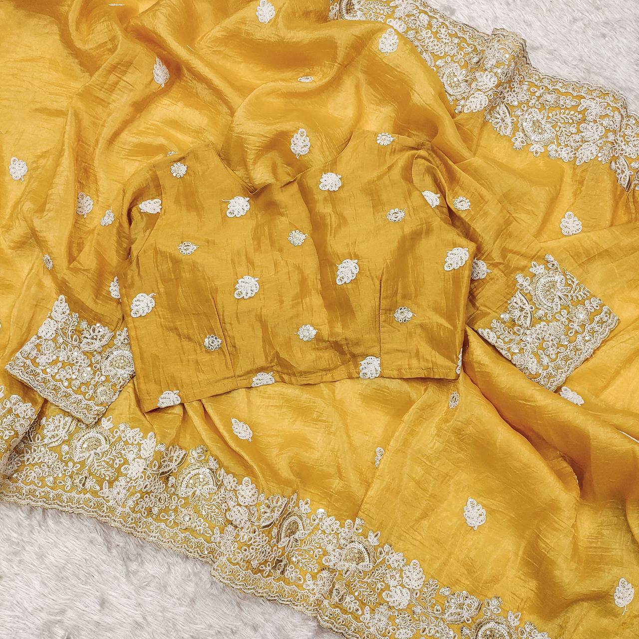 Beautiful Gold Crush Yellow Color Saree
