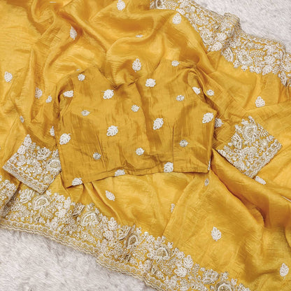 Beautiful Gold Crush Yellow Color Saree