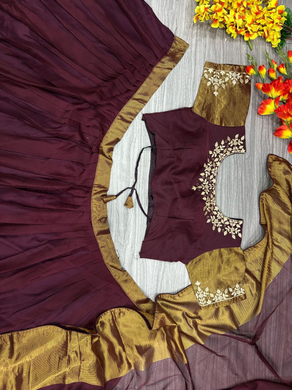 Function Wear Marrom Color Chiffon Jari Patta Lehenga Choli