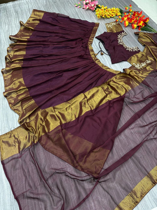 Function Wear Marrom Color Chiffon Jari Patta Lehenga Choli