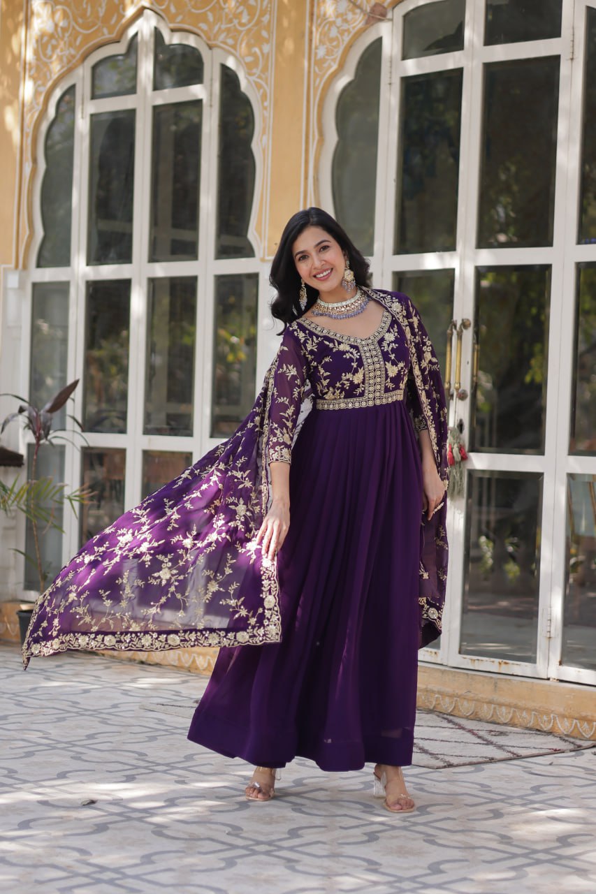 Gorgeous Embroidered Work Purple Color Gown