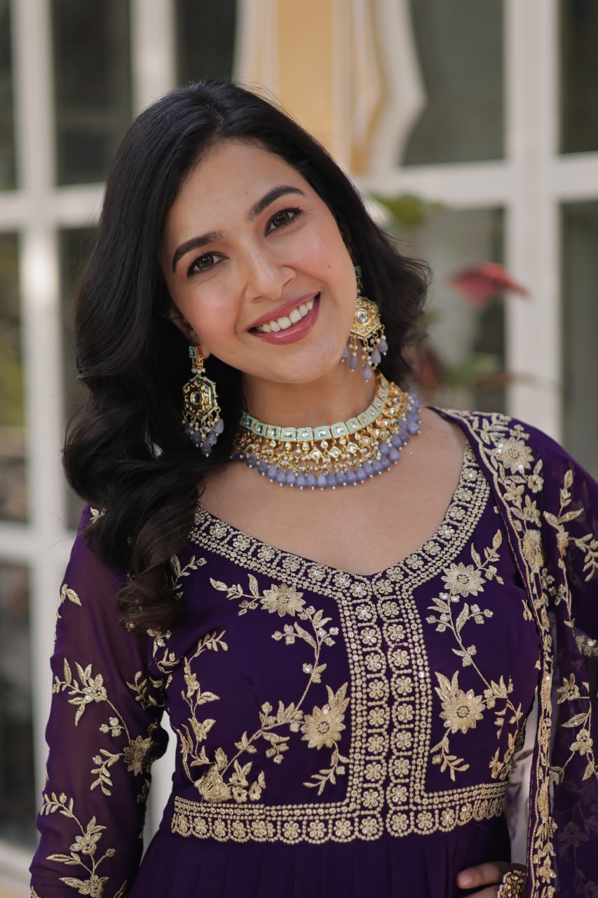 Gorgeous Embroidered Work Purple Color Gown