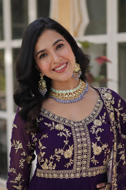Gorgeous Embroidered Work Purple Color Gown