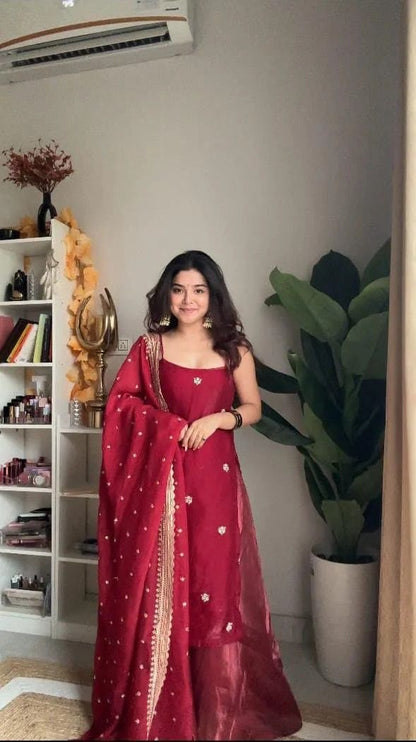 Gorgeous Sequence Work Red Color Palazzo Suit