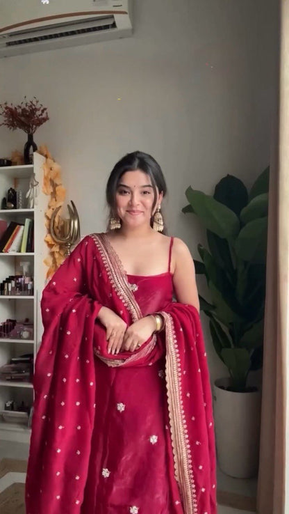 Gorgeous Sequence Work Red Color Palazzo Suit