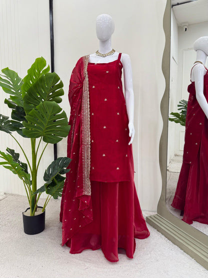 Gorgeous Sequence Work Red Color Palazzo Suit
