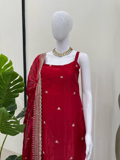 Gorgeous Sequence Work Red Color Palazzo Suit