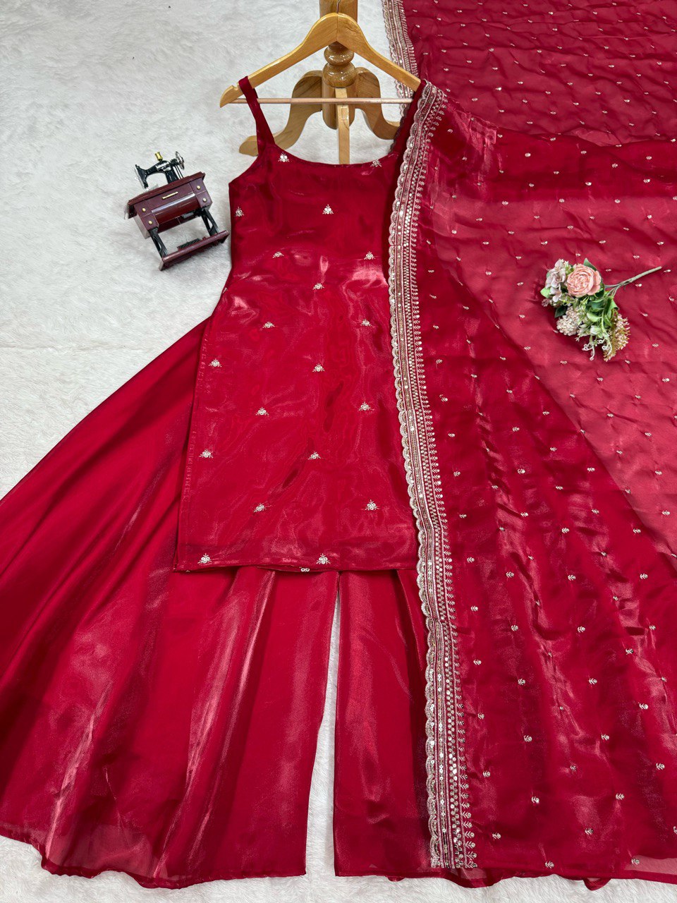 Gorgeous Sequence Work Red Color Palazzo Suit