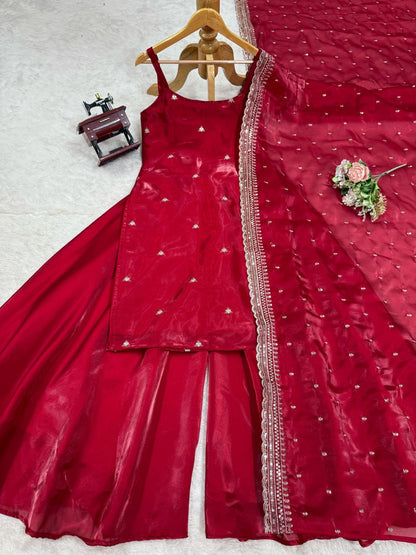 Gorgeous Sequence Work Red Color Palazzo Suit