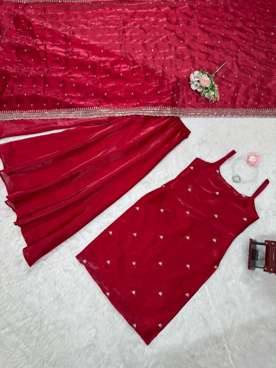 Gorgeous Sequence Work Red Color Palazzo Suit