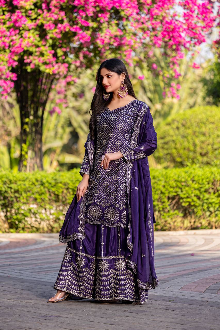 Imposing Sequence Work Purple Color Palazzo Suit