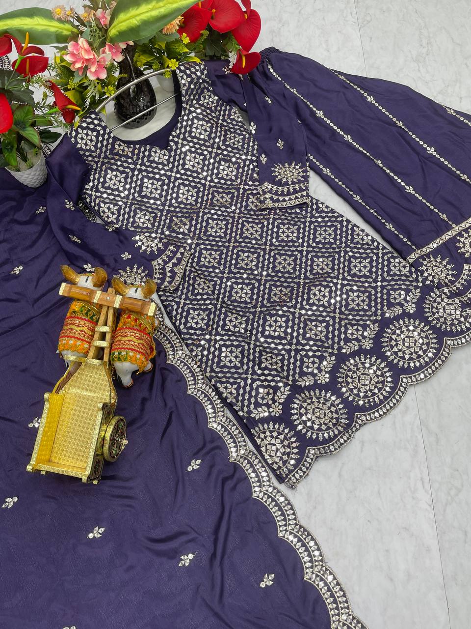 Imposing Sequence Work Purple Color Palazzo Suit