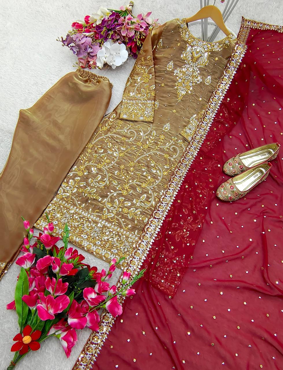 Adorable Embroidery Sequence Work Beige Color Salwar Suit