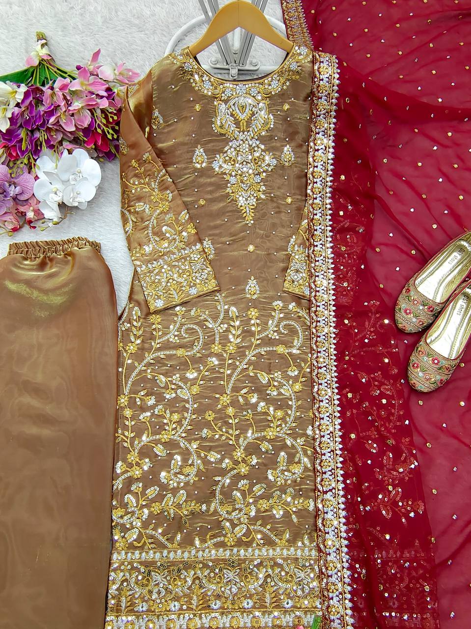 Adorable Embroidery Sequence Work Beige Color Salwar Suit