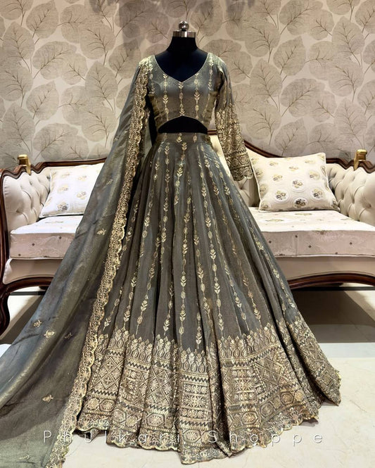 Designer Embroidered Work Grey Color Lehenga Choli