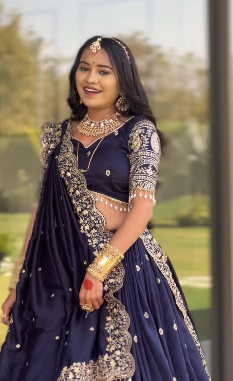 Marriage Special Embroidery Work Navy Blue Color Lehenga Choli