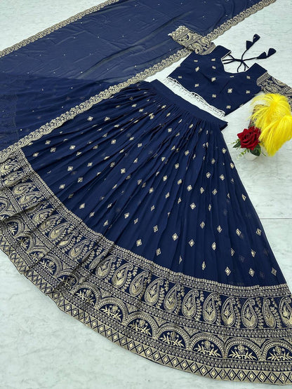 Marriage Special Embroidery Work Navy Blue Color Lehenga Choli