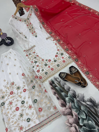 Awesome White Color Work Sharara Suit With Red Dupatta