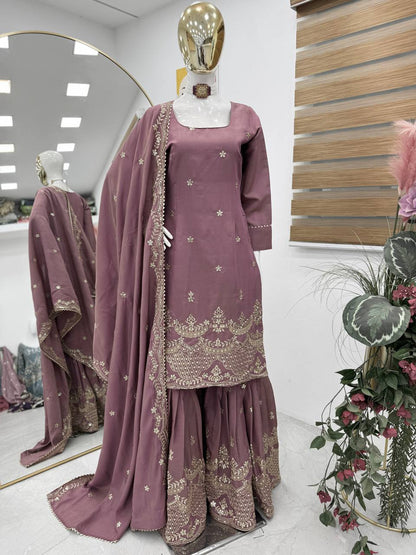 Outstanding Simmer Silk Peach Color Sharara Suit