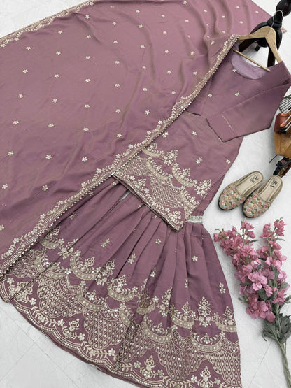 Outstanding Simmer Silk Peach Color Sharara Suit