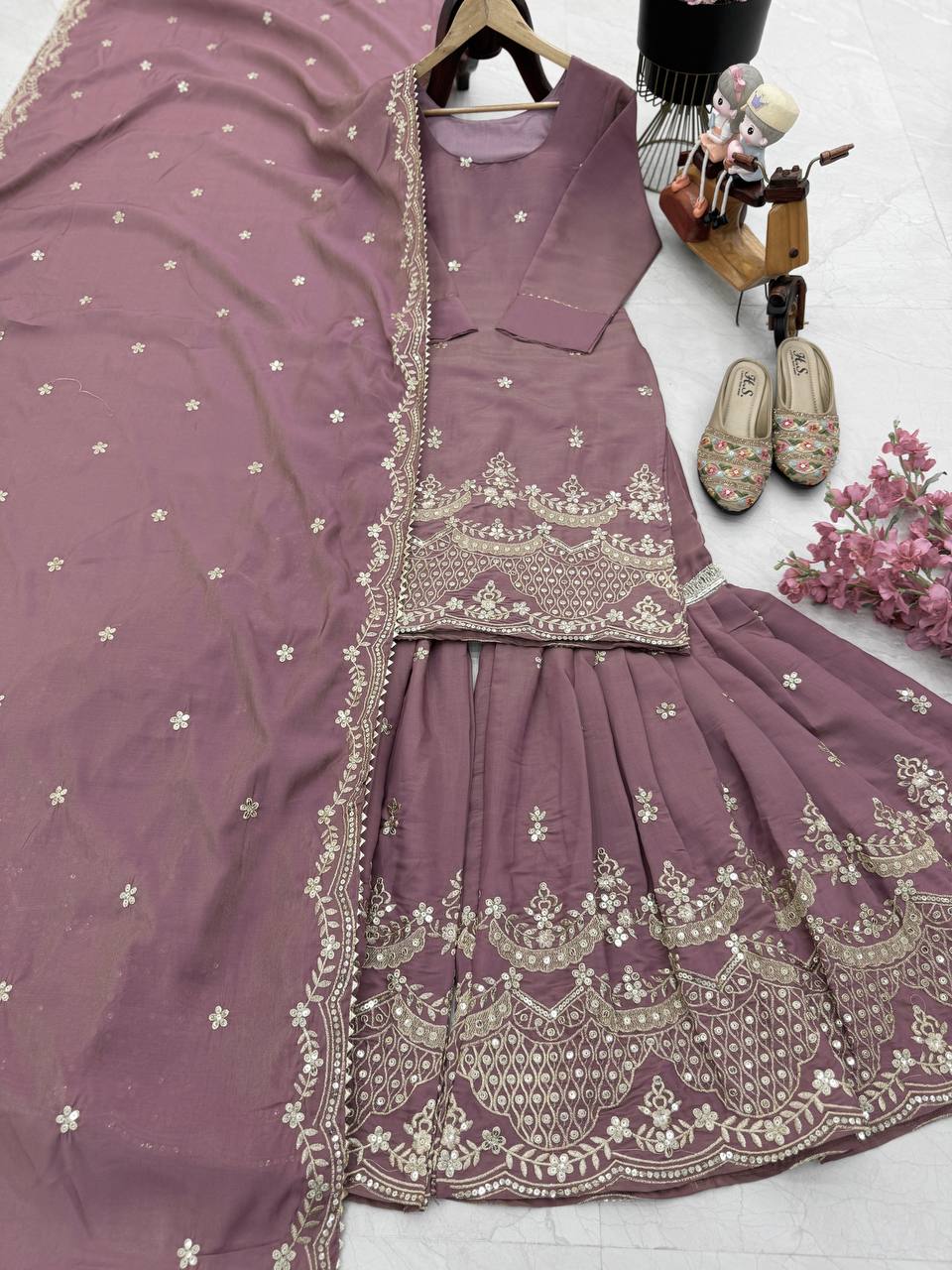 Outstanding Simmer Silk Peach Color Sharara Suit