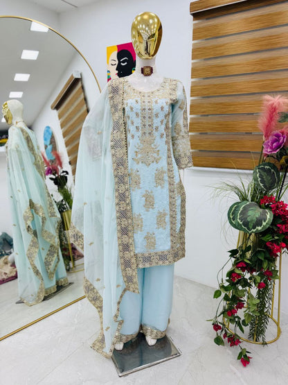 Festive Wear Sequence Work Sky Blue Color Sharara Suit