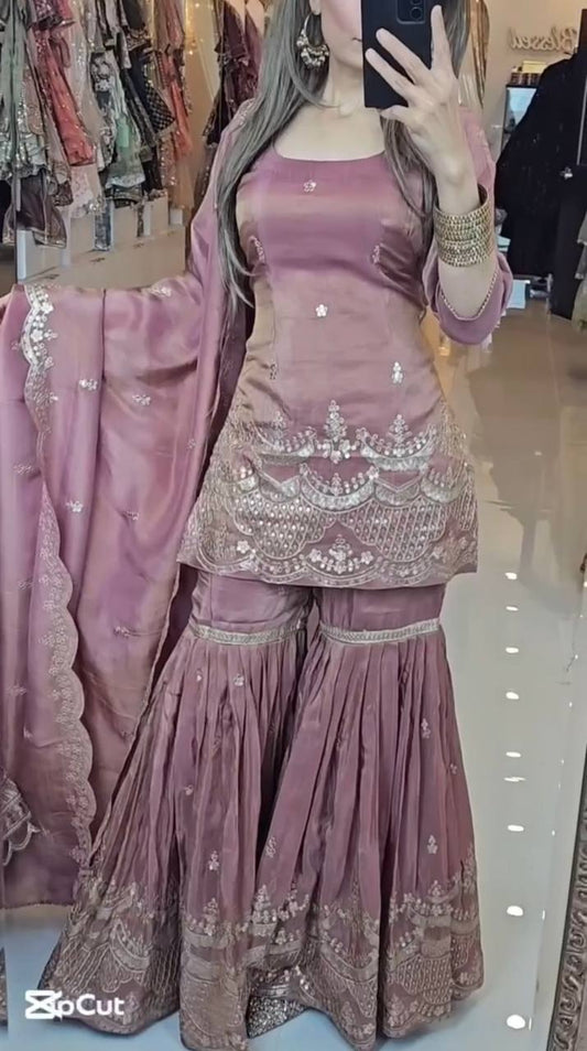 Festive Wear Embroidery Work Pink Color Sharara Suit