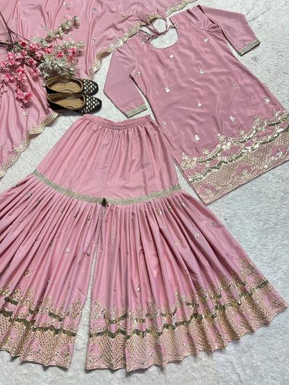 Festive Wear Embroidery Work Pink Color Sharara Suit