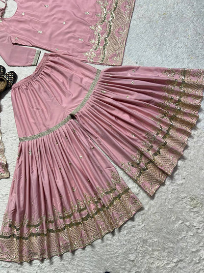 Festive Wear Embroidery Work Pink Color Sharara Suit