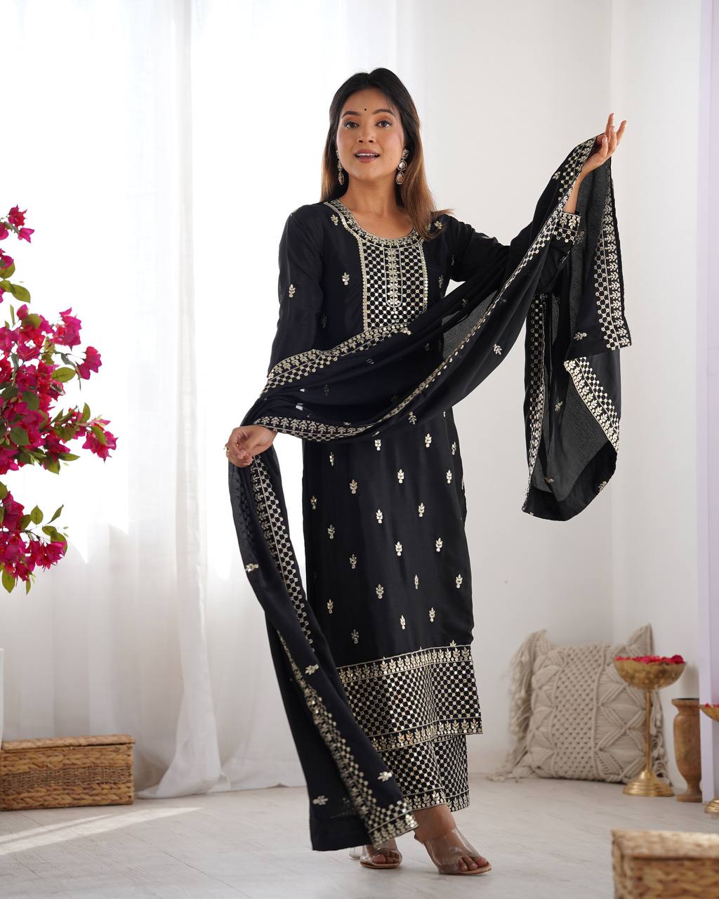Preferable Chinon Silk Black Color Salwar Suit