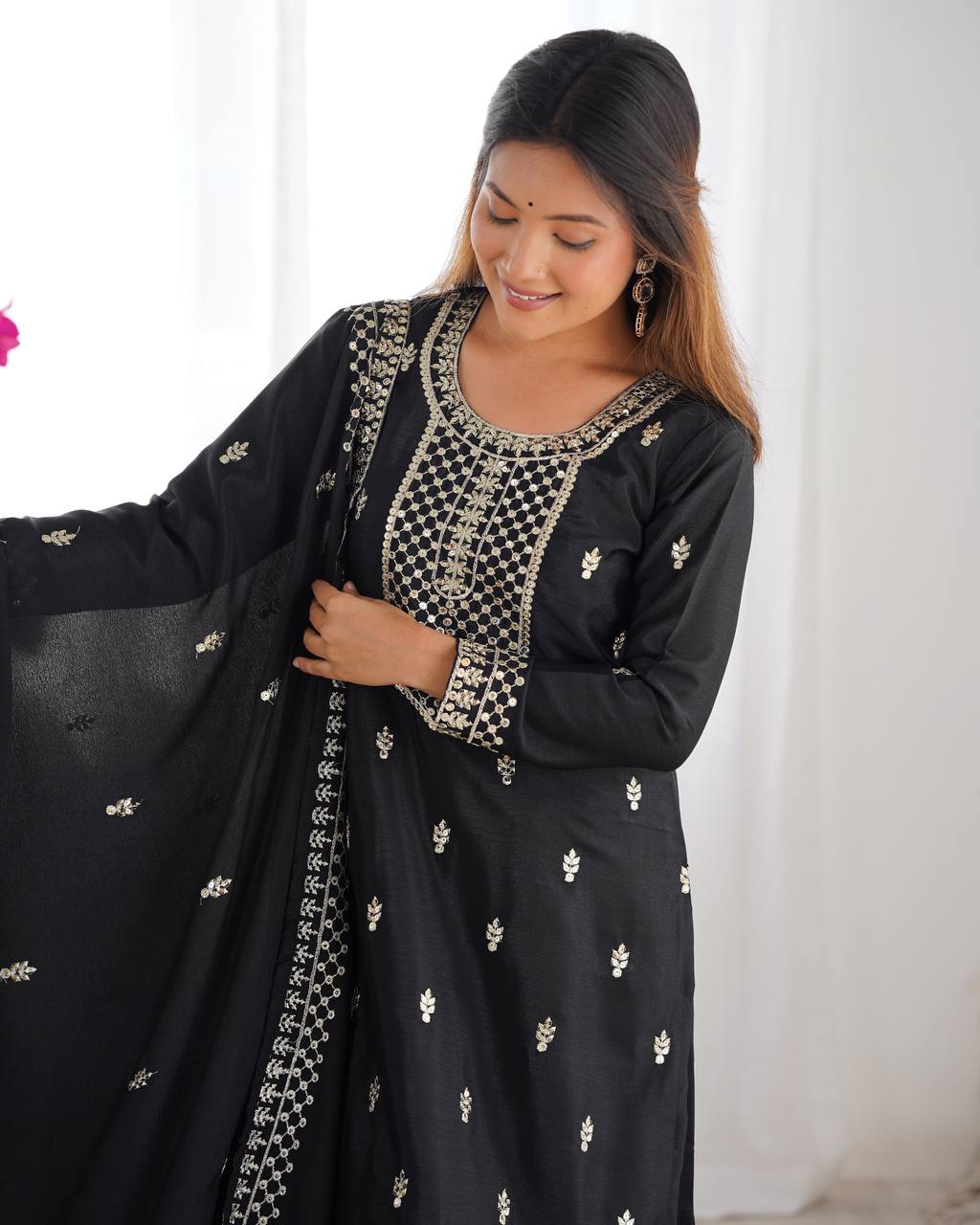 Preferable Chinon Silk Black Color Salwar Suit