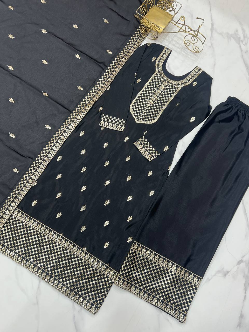 Preferable Chinon Silk Black Color Salwar Suit