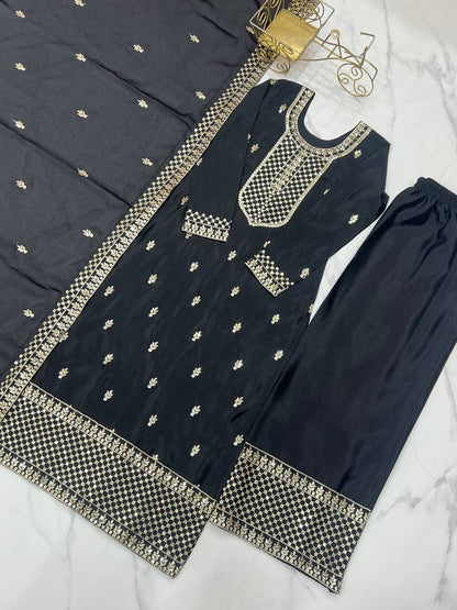 Preferable Chinon Silk Black Color Salwar Suit