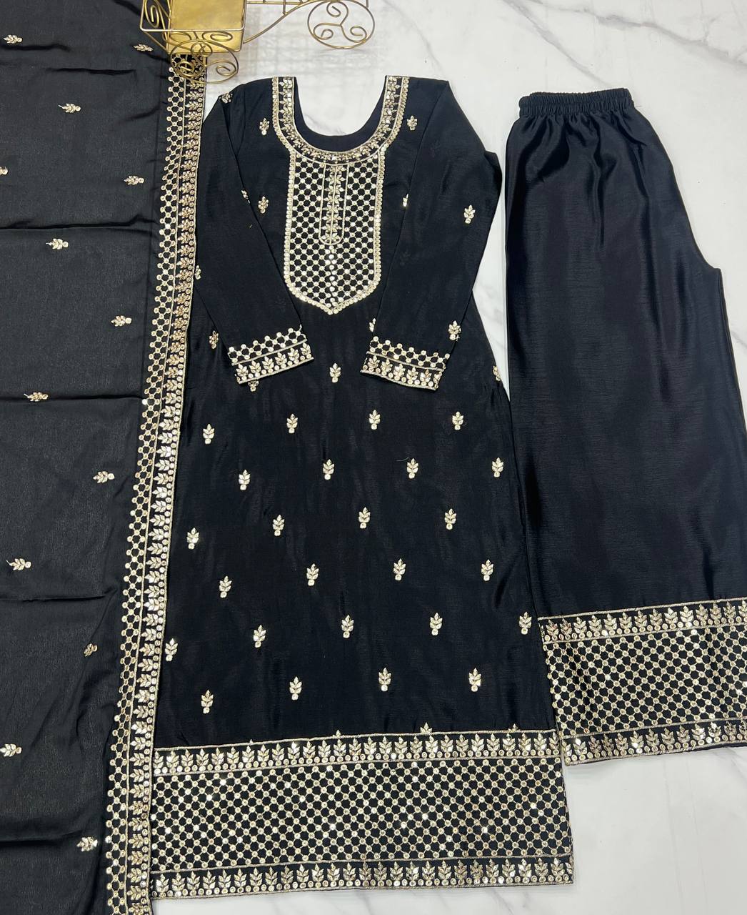 Preferable Chinon Silk Black Color Salwar Suit
