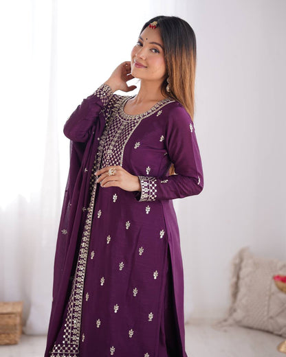 Preferable Chinon Silk Wine Color Salwar Suit