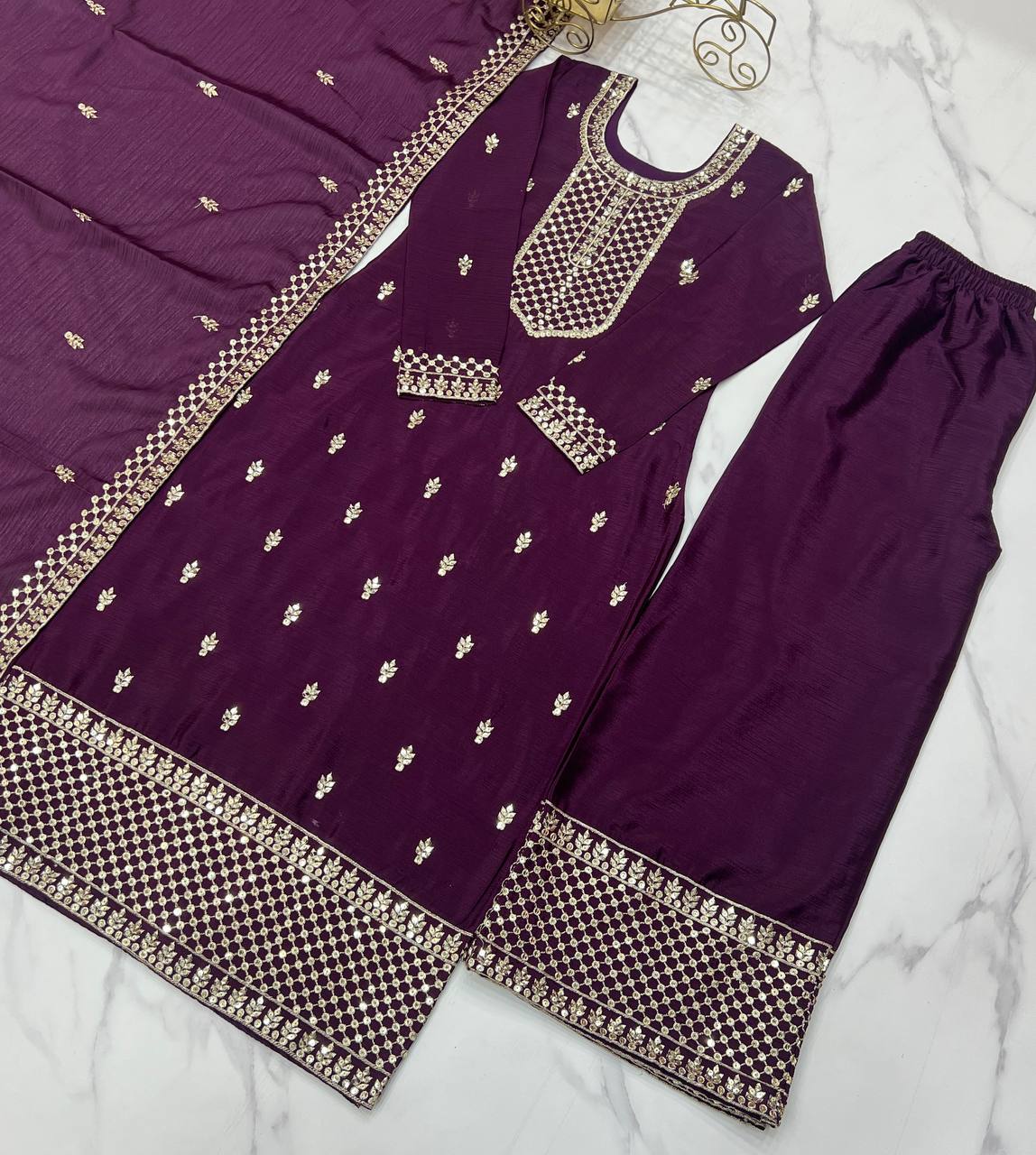 Preferable Chinon Silk Wine Color Salwar Suit