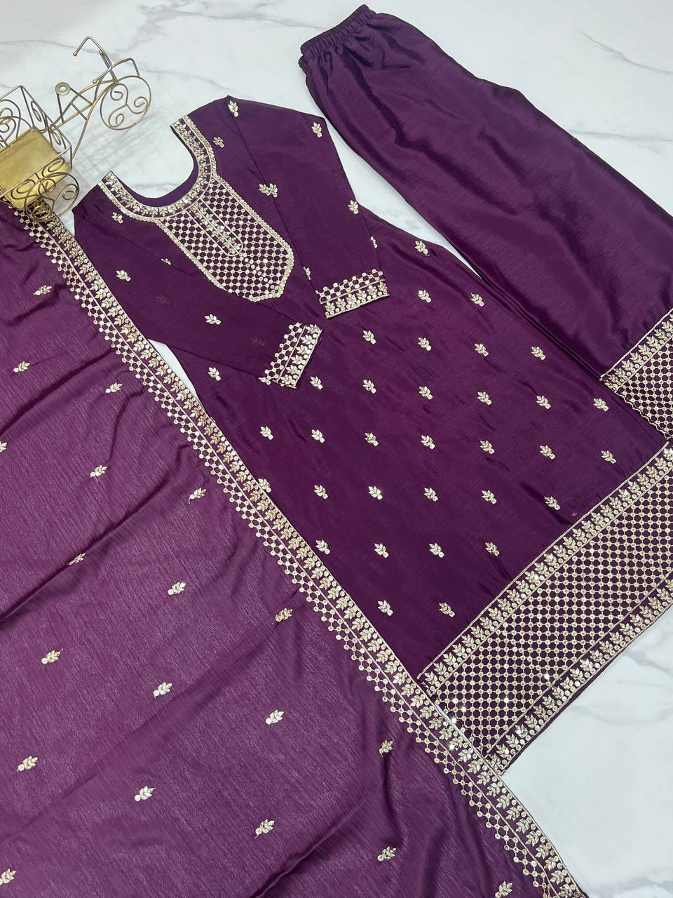 Preferable Chinon Silk Wine Color Salwar Suit