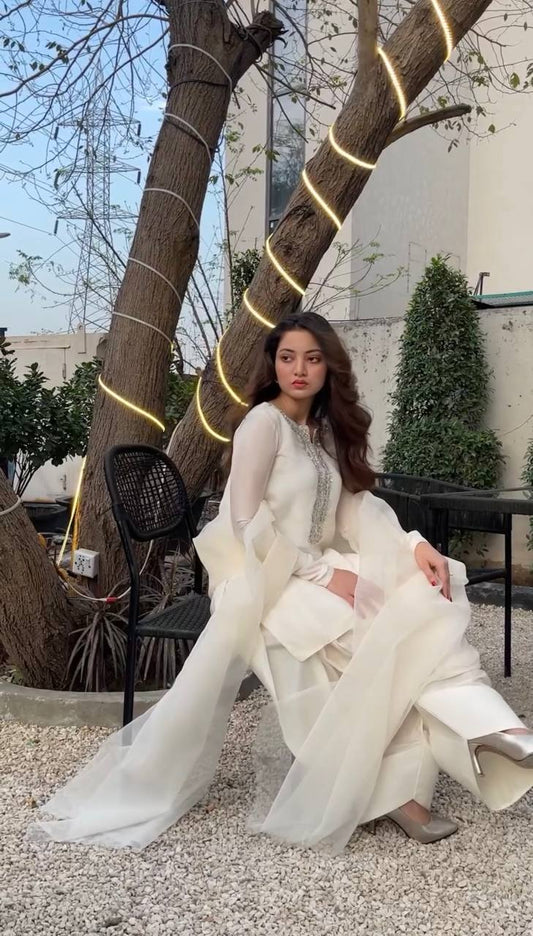Stylish White Color Embroidery With Hand Work Patiala Suit