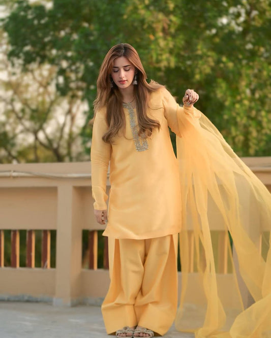 Stylish Yellow Color Embroidery With Hand Work Patiala Suit