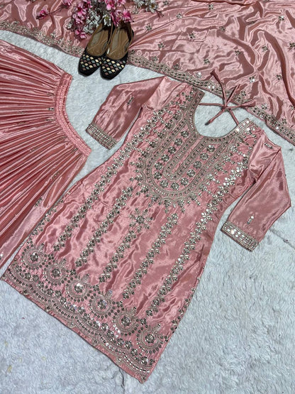 Demanding Embroidery Work Peach Color Sharara Suit