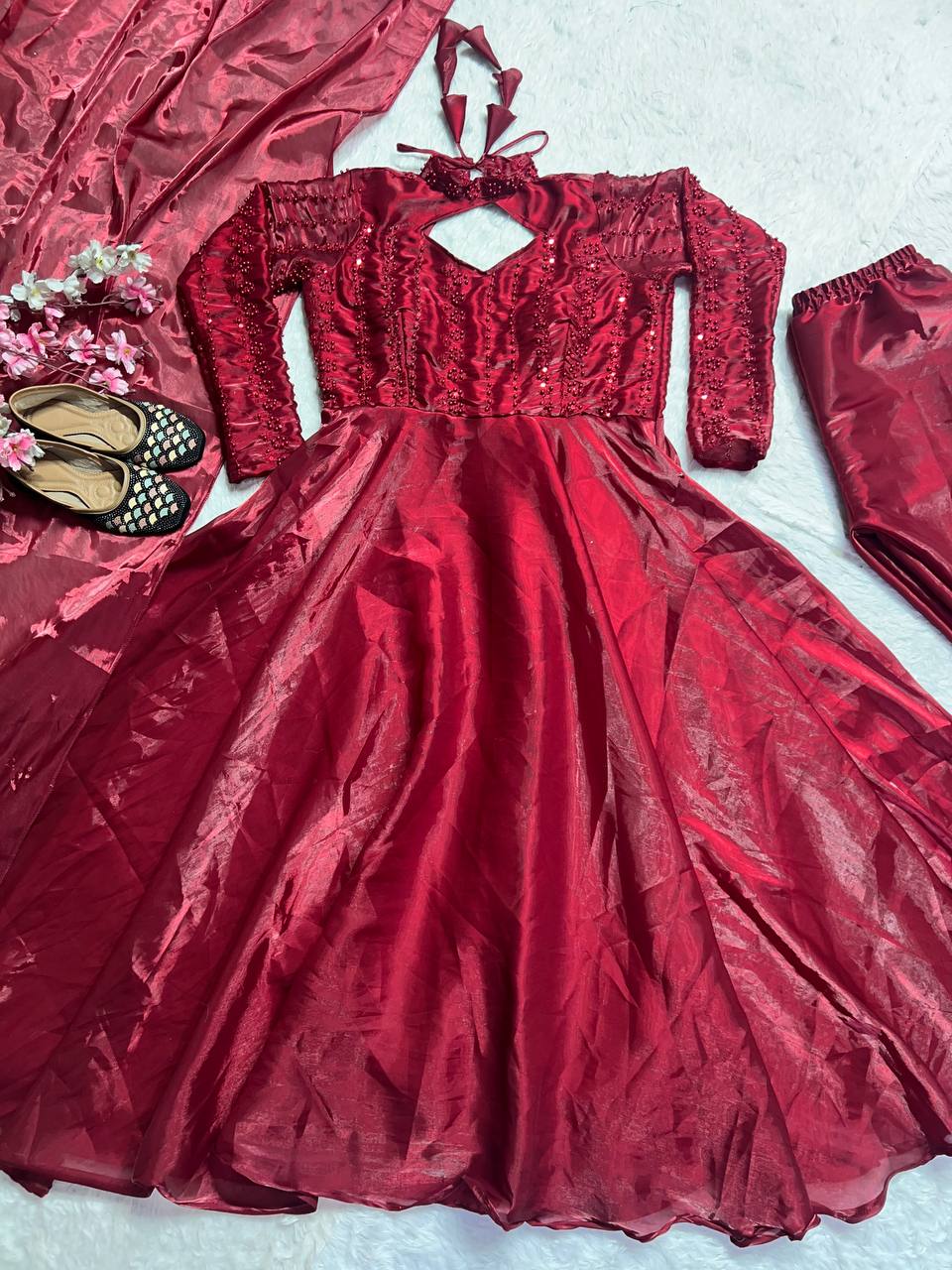 Flattering Sequence Work Maroon Color Anarkali Gown