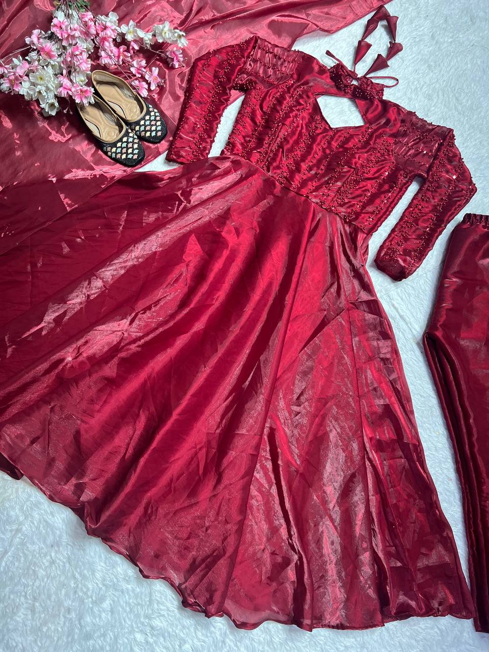 Flattering Sequence Work Maroon Color Anarkali Gown