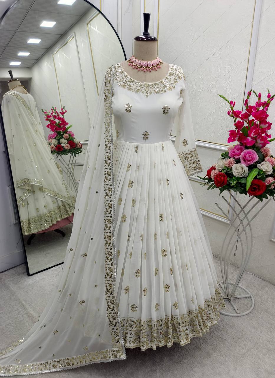 Good Looking Georgette Sequence Work White Color Gown