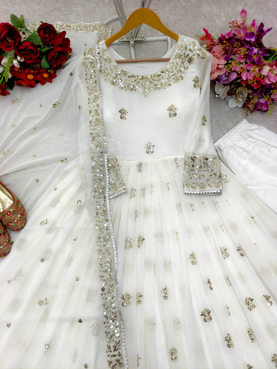 Good Looking Georgette Sequence Work White Color Gown