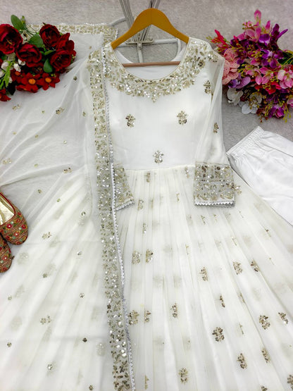 Good Looking Georgette Sequence Work White Color Gown