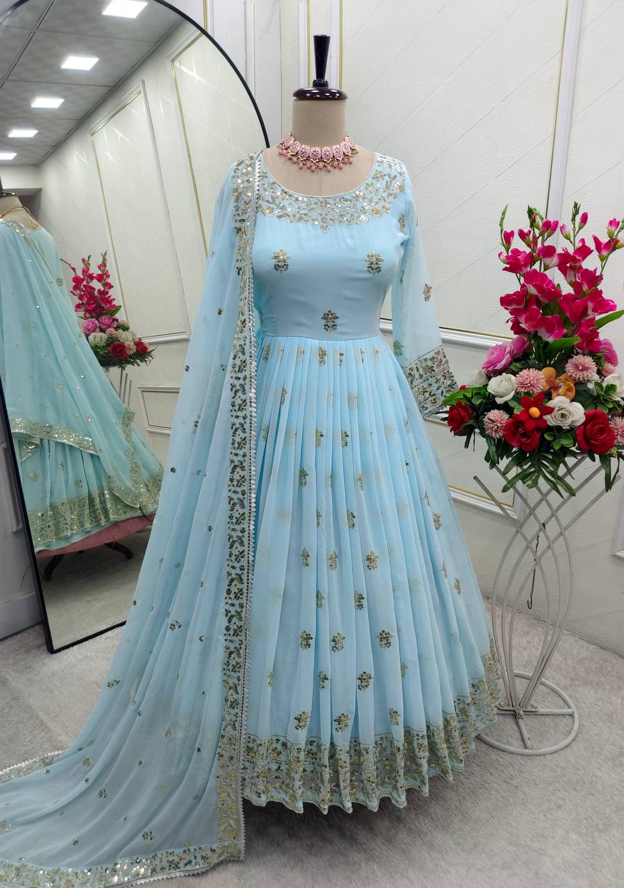 Good Looking Georgette Sequence Work Sky Blue Color Gown