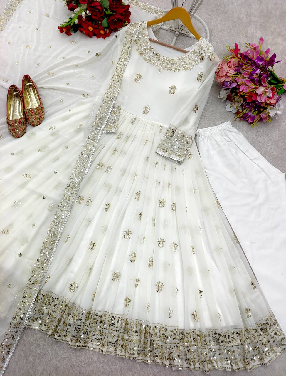 Good Looking Georgette Sequence Work White Color Gown
