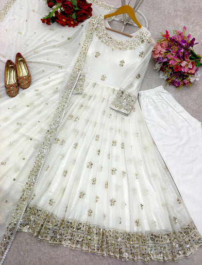 Good Looking Georgette Sequence Work White Color Gown