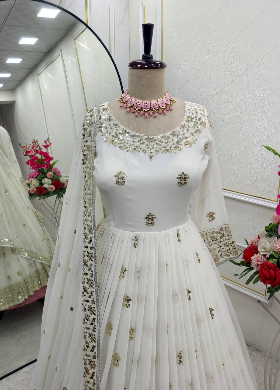 Good Looking Georgette Sequence Work White Color Gown